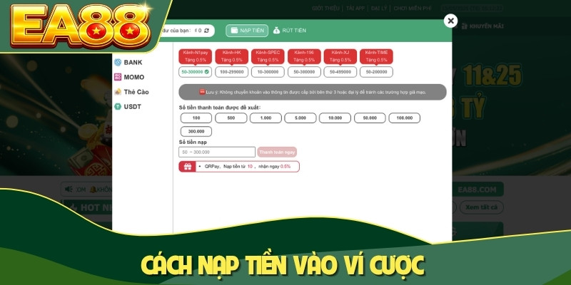 Cách nạp tiền vào ví cược