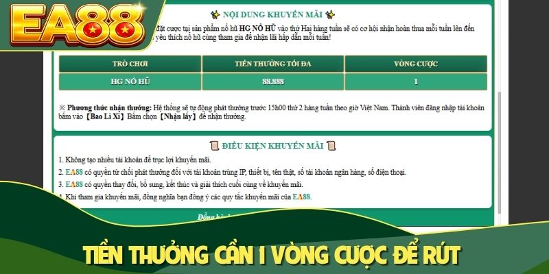 Hoàn Trả Hàng Tuần EA88 Nhận 88888K Tại HG Nổ Hũ 2 Tiền thưởng cần 1 vòng cược để rút